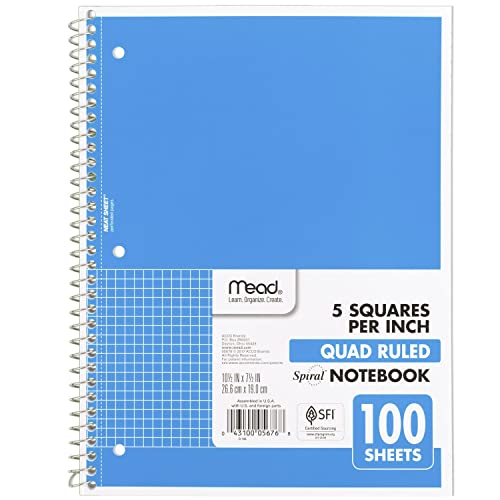 Mead Spiral Notebook, 1 Subject, Graph Ruled Paper, 7-1/2" x 10-1/2", 100 Sheets, Blue (05676AY7) - color: Blue