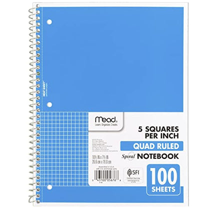 Mead Spiral Notebook, 1 Subject, Graph Ruled Paper, 7-1/2" x 10-1/2", 100 Sheets, Blue (05676AY7) - color: Blue