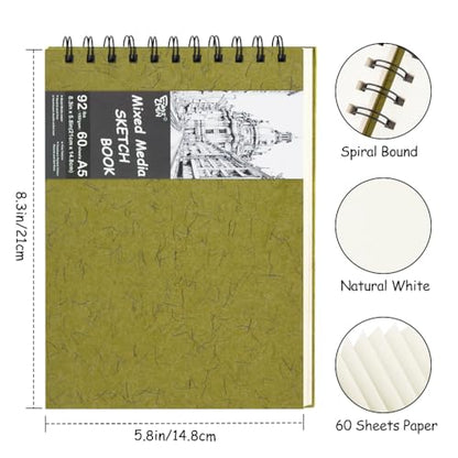 8.3x5.8 Sketch Book, Top Spiral Bound Sketch Pad, 60sheets 92lb/150gsm Nature White Paper, Acid-Free Mixed Media Paper for Painting, Dawing & Art Supplies.N-Green - color: TopSpiral-NatureWhite-Green