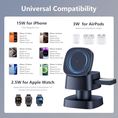 【2026 Upgraded】4 in 1 Wireless Charger, 3 in 1 Wireless Charging Station with Night Light for MagSafe Charger, 15W Magnetic Travel Stand for iPhone17/Air/Pro/Max/16/15/14, Apple Watch, Airpods (Gray) - color: Gray