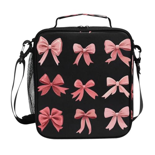 ALAZA Pink Red Bow Black Lunch Box Insulated Lunch Bag Kids Cooler Tote Bag Freezable Shoulder Strap Lunchbox for Girls School Picnic - color: Multi1057