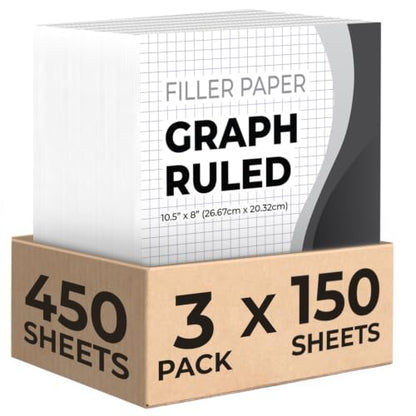 Rosmonde Graph Paper 3 Pack, 450 Sheets, 4x4 Grid Paper, 8" x 10.5", 3 Hole Punched, Notebook Paper, 54 GSM Thick Graphing Paper, Quad Ruled Graph Paper, Loose Leaf Paper, Back to School Supplies - size: 3 Pack (450 Sheets)