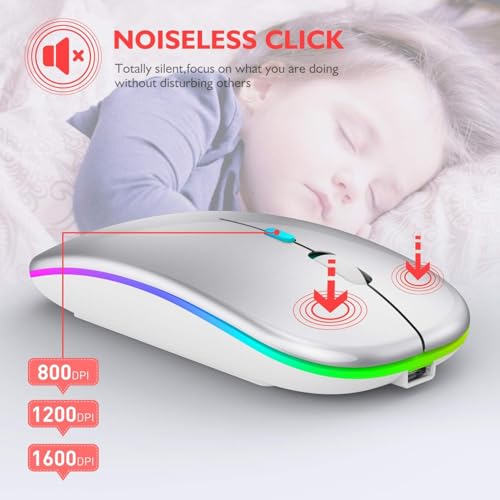 Wireless Bluetooth Mouse for MacBook Air/Mac/Pro/Laptop/Computer/PC,Rechargeable Dual Mode Switch Mouse Bluetooth 5.2/3.0 and 2.4GHz USB Receiver (Silver)
