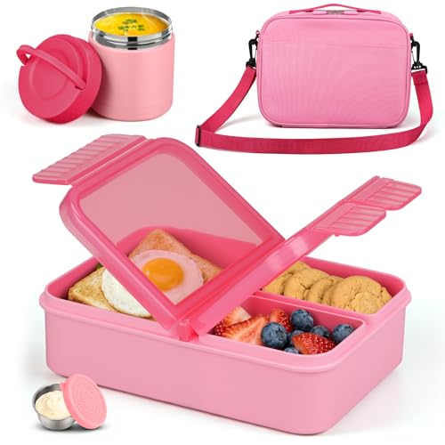 WyfKyd Snack Box Container Set with Soup Thermo Kids Adults Bento Lunch Box | Snack Box Container Set with 10.5oz Soup Thermo and Bag for Kids Adults Bento Lunch Box for Office School Travel Outdoor Pink - color: Pink Set