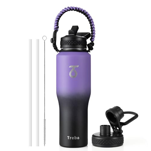 Trebo 32 oz Water Bottle Insulated Fits in Any Car Cup Holder with 2 Lids | Stainless Steel T-shape Tumbler with Paracord Handle, Triple Wall Vacuum Copper Plated, Cold 48 Hrs for Travel, Leakproof - color: Dark Purple, size: 32 Ounces