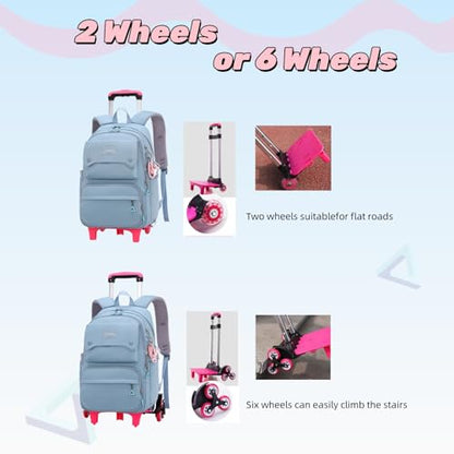 Solid Color Girls Rolling Backpack with Wheels Schoolbag Elementary School Student Trolley Daypack - color: A-purple - Six Wheels, size: 6 Wheels