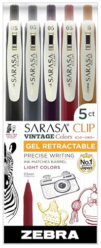 Zebra Pen Sarasa Clip Retractable Gel Pen, 0.5mm Fine Point, Assorted Vintage Light Ink Colors, Water Based, Ideal for Office and School, Journal, Note Taking and Planner Use, 5-Pack (47445) - color: Neutral Vintage A