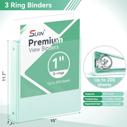 SUIN 1 Inch 3 Ring Binder, Clear 1'' View Presentation Binders with 2 Pockets, Fits 8.5 x 11 Letter Size, Durable Polypropylene, Non-Stick & PVC-Free for School, Office & Home (Pastel Green) - color: Pastel Green