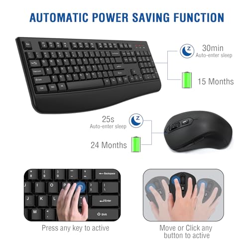 Wireless Keyboard and Mouse Combo, EDJO 2.4G Full-Sized Ergonomic Computer Keyboard with Wrist Rest and 3 Level DPI Adjustable Wireless Mouse for Windows, Mac OS Desktop/Laptop/PC(8 Pack) - color: Black-8 Pack