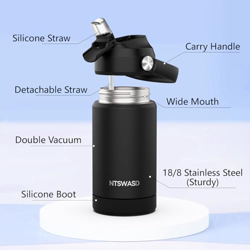 Boys Insulated Water Bottle with Straw,12 oz Kids Cups with Stainless Steel Leak Proof for School Daycare(Black) - color: A15.Black, style: 1Pack