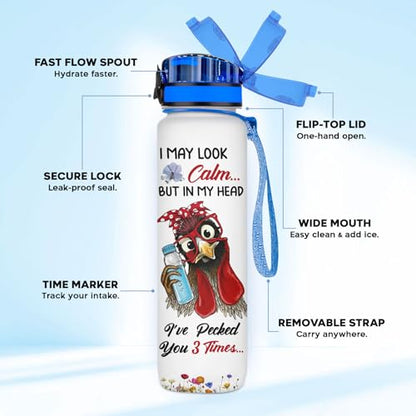 Funny Chicken Water Bottle 32oz, Stop Slacking Drink Your Water Tumbler with Time Marker, Cute Rooster Farm Gift for Chicken Lovers Women Mom - color: Chicken