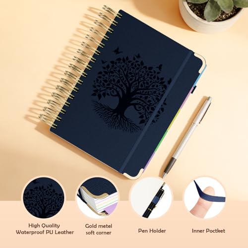 QIYVLOS Hardcover Spiral Notebook, A5 Journal with Removable Dividers Tabs, 5 Subject Notebook College Ruled, 320 Pages 6"x8" Leather Notebooks for Work School Study, Lined Journal for Women, Navy - color: A5/Navy
