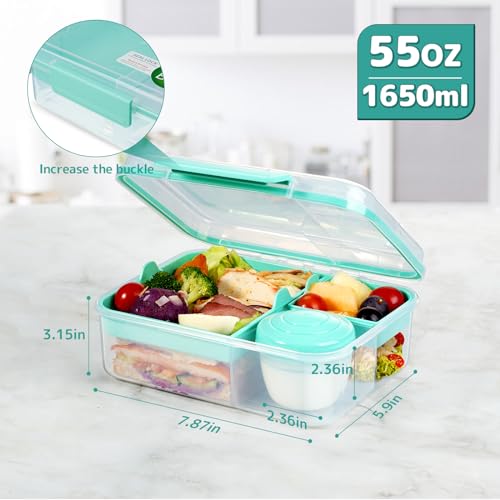 Meal Prep Containers Reusable, Snackle Box Container Bento Box Adult, Bento Lunch Box with 2 Removable Trays, and Salad Dressing Container, 55.75 oz/1.65L Size (Minty Teal/55.75 oz) - color: Minty Teal/55.75 oz
