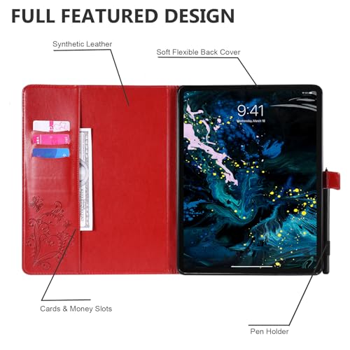 Dteck Wallet Case for iPad Air 13 Inch M2 2024 & iPad Pro 12.9 2022/2021/2020/2018 with Pencil Holder,Embossed Butterfly Auto Sleep/Wake PU Leather Smart Stand Girls Cute Folio Pocket Cover,Red - color: 10 Red