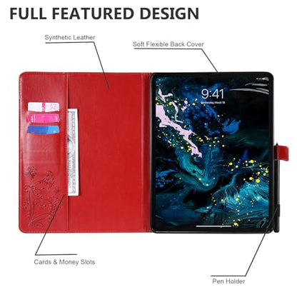 Dteck Wallet Case for iPad Air 13 Inch M2 2024 & iPad Pro 12.9 2022/2021/2020/2018 with Pencil Holder,Embossed Butterfly Auto Sleep/Wake PU Leather Smart Stand Girls Cute Folio Pocket Cover,Red - color: 10 Red