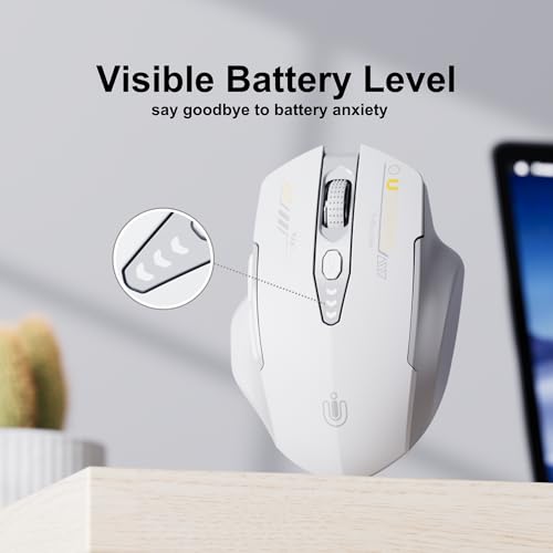 Uineer Wireless Bluetooth Mouse,[Upgraded] Rechargeable Computer Mice (BT 5.0/4.0+2.4G Hz) with Visible Battery Level, 4 Adiustable DPl, Portable PC Mouse for MacBook Chromebook - color: Gray and White