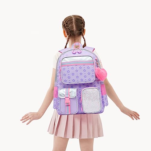 Meetbelify Girls Rolling Backpack with Wheels - Cute Kawaii Carry On Backpack for Elementary Students - Purple - color: Star Purple