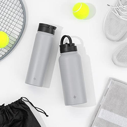 JoyJolt Triple Insulated Water Bottle with Straw Lid AND Flip Lid! 32oz Large Water Bottle, 12 Hour Hot/Cold Vacuum Insulated Stainless Steel Bottle. BPA-Free Leakproof Water Bottles - Thermos Bottle - color: Dove Grey, size: 32 Ounces
