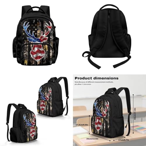 Deer American Flag Boys Camo Backpack with Lunch Box and Pencil Case Water Bottle Pouch 4PCS Set Bookbag with Front Pocket for School Teens 17 inch School Bag for Back to School Season - color: Deer American Flag Camo