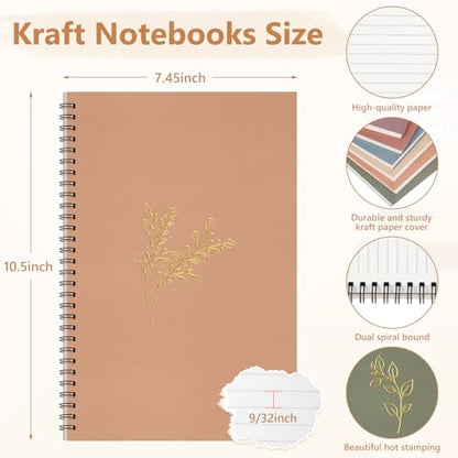 Fuutreo 6 Pack B5 Spiral Notebooks 10.5 x 7.45 Inch College Ruled Aesthetic Journal Kraft Hardcover 70 Sheets (140 Pages) Spiral Notebook for Office Students Work Journaling(Aesthetic,Hot Stamping) - color: Aesthetic