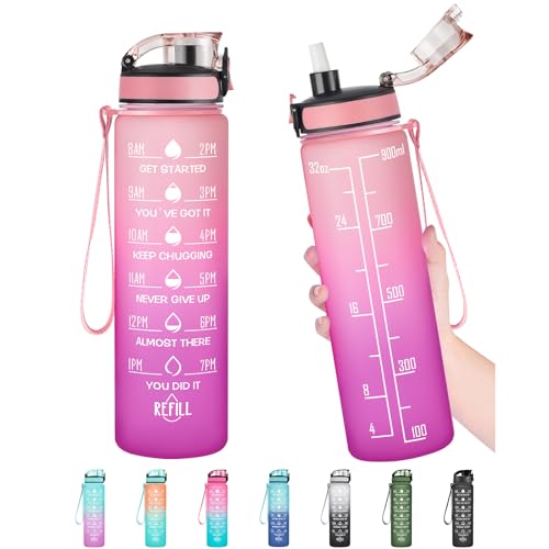 Enerbone Water Bottle, Leakproof BPA & Toxic Free, Motivational Water Bottle with Times to Drink and Straw, Fitness Sports Water Bottle with Strap for Office, Gym, Outdoor Sports - color: Petaluxe, size: 32 Ounces