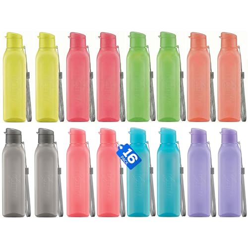 Bulk Water Bottles Set of 16 –17oz Multicolor Sports Bottles for Kids and Adults – Leak Proof Water Bottles with Carry Strap – Square Reusable Bottles for Juice, Drinks – BPA-Free Dishwasher-Safe - color: 16 pack combo