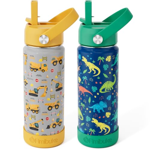 Fimibuke Kids Insulated Water Bottle, 18oz BPA FREE Kids Cup with Straw Double Wall Vacuum Travel Tumbler 18/8 Stainless Steel Leak Proof Toddler Water Bottle for School Boys Girls, 2 Pack - color: Dinosaur & Construction Trucks