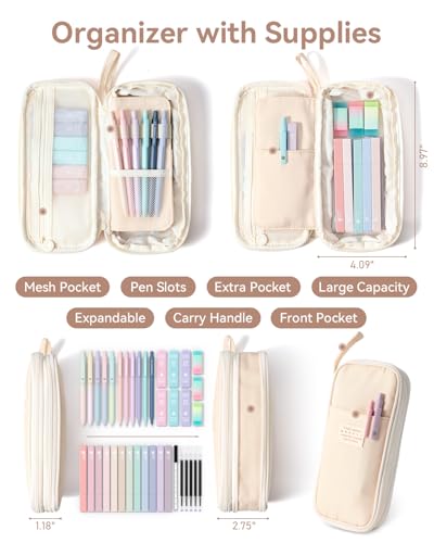 Four Candies School Supplies with Cute Pen Case, 39ct, Cream | Back to School Stationery Set, Essentials for College & Nursing Students, 5 Gel Pens, 6 Mechanical Pencils, 12 Highlighters - color: Cream, size: 39 Count (Pack of 1)