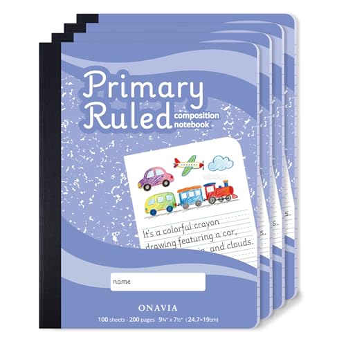 ONAVIA Primary Composition Notebook K-2, Primary Ruled Journal with Picture Space, 9-3/4 x 7-1/2, Bulk Marble Notebooks for School, Kids, Kindergarten Draw and White Story Journals, 4 Pack | 100 ct, 9.75 x 7.5 in, Primary Journal Grades K-2, Picture Space