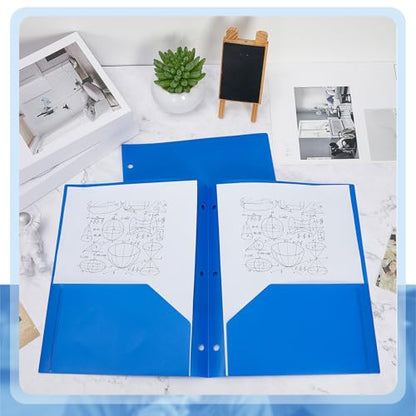 Yeaqee 100 Pcs Plastic Folders with Pockets Bulk 3 Hole Punched 2 Pocket File Folders for 3 Ring Binder Divider Folder for Notebooks, Durable Poly for Office Home (Blue) - color: Blue