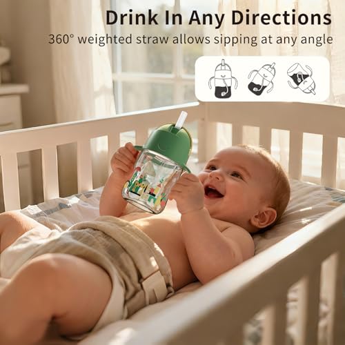Evorie Tritan Weighted Straw Cup Baby Training Cup, Spill Proof, 7 Oz, 6M+ | BPA & BPS-Free, First learning cup, 360° drinking, Dishwasher safe, Durable Sippy Cup, Green Explore - color: Green Explore