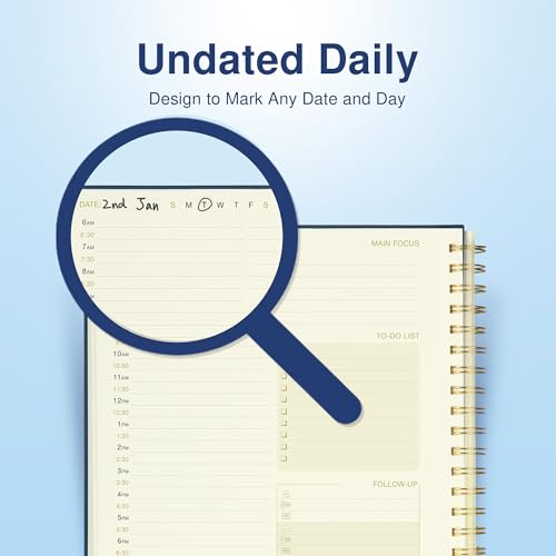 AuroPlanner Undated Daily Planner Notebook 8.5x11 Hourly Schedule Blue | office & student planning, 180 pages 100 GSM cream white paper hardcover spiral bound notebook, 2026-2028 reference calendar - color: Navy Blue