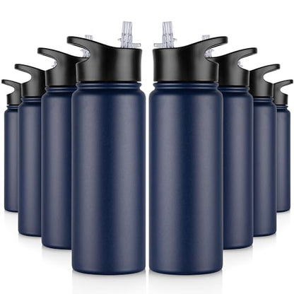 24 oz Insulated Water Bottle Bulk 8 Pack, Stainless Steel Sports Water Bottles with Straw Lid & Wide Mouth Lids, Double Walled Vacuum, Leak Proof, Navy Blue - color: Navy Blue, size: 24 Ounces-8