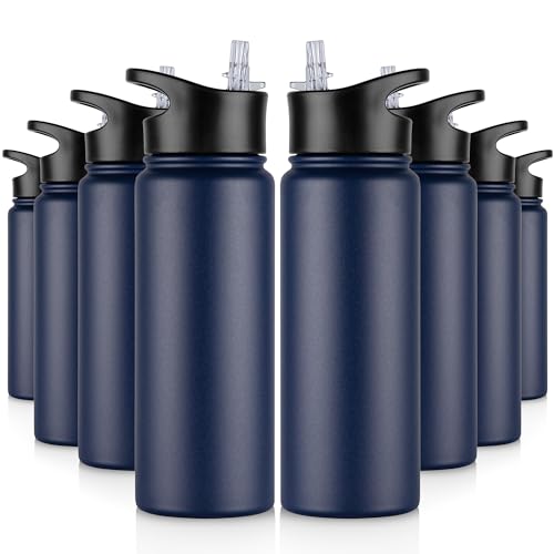 24 oz Insulated Water Bottle Bulk 8 Pack, Stainless Steel Sports Water Bottles with Straw Lid & Wide Mouth Lids, Double Walled Vacuum, Leak Proof, Navy Blue - color: Navy Blue, size: 24 Ounces-8