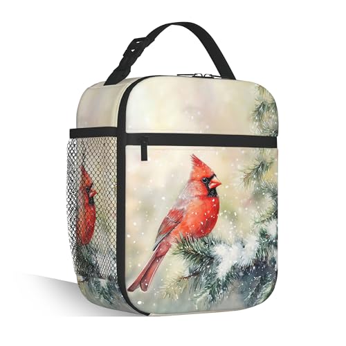 Red Cardinal Lunch Bag, Insulated Reusable Lunch Tote Gift | Adorable cardinal design lunch cooler bag for girls, kids and adults, perfect for school, work, travel and daily meals - color: Red Cardinal
