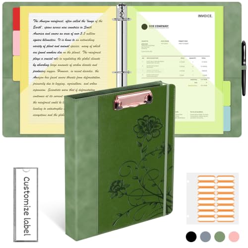 3 Ring Binder 1 Inch, Leather Binders with Clipboards, KLLVE Three Ring Binder with 10 Pocket Divider(Green, Letter Size) - color: Green