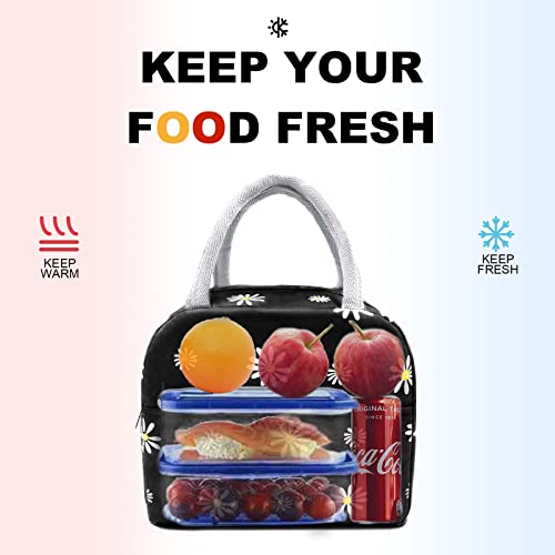 Sonuimy Insulated Lunch Bag Women, Reusable Cute Tote Lunch Box for Adult & Men, Leakproof Cooler Lunch Bags for Work Office Travel Picnic (Black with White Daisy) - color: Black with White Daisy