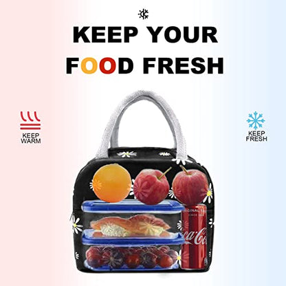 Sonuimy Insulated Lunch Bag Women, Reusable Cute Tote Lunch Box for Adult & Men, Leakproof Cooler Lunch Bags for Work Office Travel Picnic (Black with White Daisy) - color: Black with White Daisy