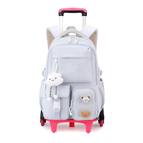 Girls Rolling Backpack with Wheels, Girls Wheeled Backpack for School, Roller School Bag Bookbag on Wheels Kids Carry-on Luggage, Light blue - color: 6 Wheels Light Blue
