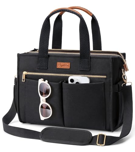 Canvas Tote Bag for Women, 15-Pockets Work Laptop Tote Purse Large Crossbody Nurse Teacher Bible Bag for School Travel Daily | with Strap & Zipper - color: M1.black, size: Medium-14inch
