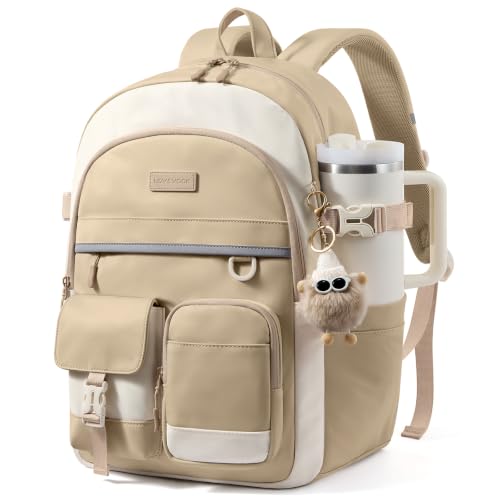 LOVEVOOK School Backpack for Teen Girls, Student Backpack Purse for 8-16 Teenage, Cute Kid Bookbag with Large Cup Holder, Back to School Backpacks Fit 15.6 Inch Laptop, Large College Travel Bag Gift - color: Off White With Khaki With Reflective Strip, siz