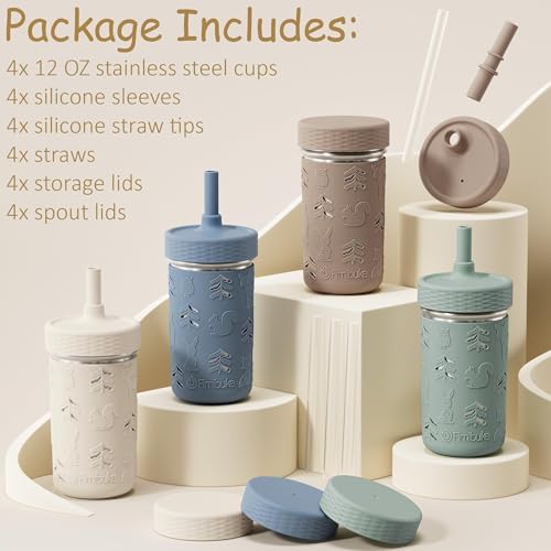 Fimibuke Toddler Cups Spill Proof, 12 OZ Sippy Cups for Kid Girl Boy, Stainless Steel Tumbler with Lid, Removable Silicone Straw & Sleeve, BPA Free Dishwasher Safe Water Bottle Snack Container 4 Pack - color: Sage/Misty Blue/Khaki/Beige, size: 12 Ounces