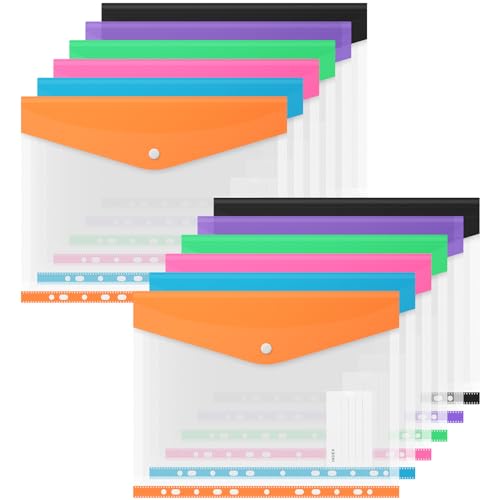 Binder Pocket Organizer Folders, 12 Pack Expandable Files Bag Plastic Envelopes Binder Folders with 11 Holes for 2/3/4 Ring Binder, Document Pouch with Snap Button and Label for School Office Home - color: Horizontal-12 Pack