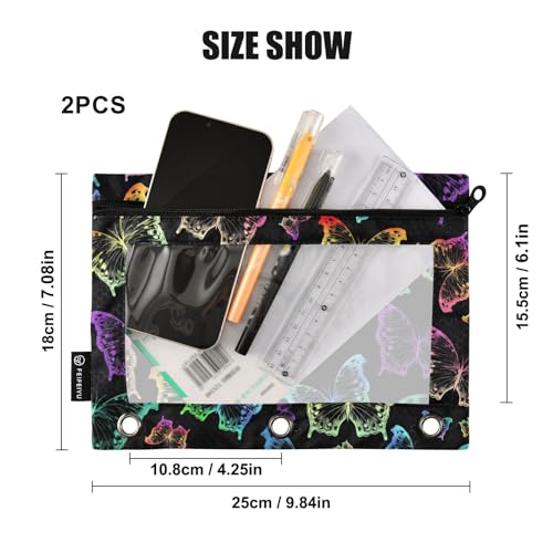 Butterfly Pencil Pouches Bags for 3 Ring Binder, 2 Pack Zipper Stationery Bag with Clear Window 3 Hole Pencil Case for School Office Home - color: Butterfly