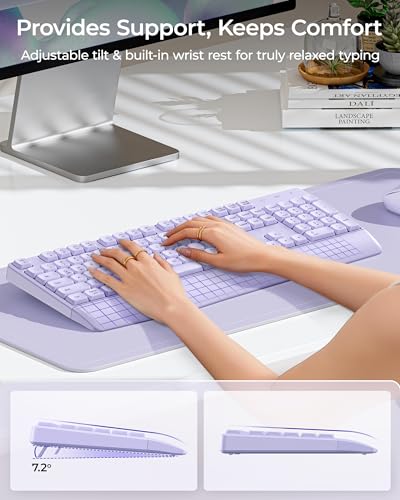 seenda Wireless Bluetooth Keyboard Mouse Combo, Ergonomic Keyboard with Wrist Rest, Silent Mouse, USB & Bluetooth Multi-Device, Full-Size Compatible for Windows PC Laptop Mac MacBook, Purple - color: Purple