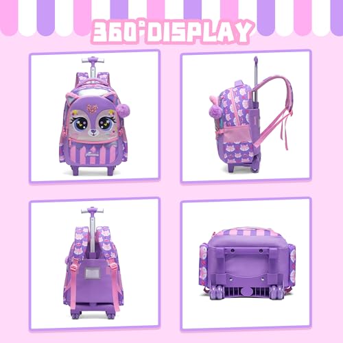 Rolling Backpack for Girls Backpacks with Wheels for Elementary Preschool Students Kids 2 in 1 Travel Luggage Carry on Suitcase with Pencil Case for Girls Age 8-10 - color: Purple 01