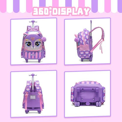 Rolling Backpack for Girls Backpacks with Wheels for Elementary Preschool Students Kids 2 in 1 Travel Luggage Carry on Suitcase with Pencil Case for Girls Age 8-10 - color: Purple 01
