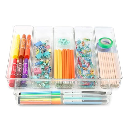 6 Set Clear Plastic Junk Drawer Organizer Vanity Curlery Utensil Makeups Organizer for Kitchen 12'' X 3'' - size: 6 Pack 12"x3" Clear Plastic
