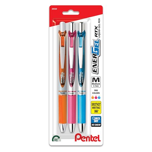 Pentel EnerGel Deluxe RTX Retractable Liquid Gel Pen, Medium Line, Metal Tip, Assorted Ink, 3 Pack (BL77BP3M2) - color: Assorted 2