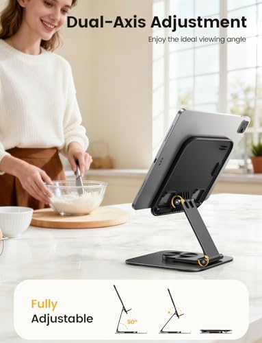 Lamicall Adjustable iPad Stand for Desk, Ultra-Slim Foldable, 360° Rotation | [Foldable Ultra-Slim][ 360°Rotation Base] Heavy-Duty Tablet Holder Stand for 4.7-13" iPad Pro Air Mini E-Reader Kindle Tabs - color: Black